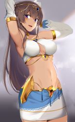 Rule 34 | 1girl, :d, alice gear aegis, armpits, arms behind head, breasts, brown hair, cowboy shot, detached sleeves, doko tetora, fatima betrorum, hands up, highres, large breasts, long hair, long sleeves, looking at viewer, midriff, miniskirt, navel, open mouth, pencil skirt, purple eyes, skirt, smile, solo, sweat
