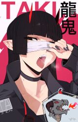 Rule 34 | 1girl, black choker, black hair, black jacket, brown eyes, choker, commentary, demon girl, dragon, drawstring, english commentary, fangs, high collar, highres, hime cut, horns, inset, jacket, lifting own clothes, long hair, mask, mask lift, mouth mask, one eye closed, one eye covered, open mouth, original, pointy ears, puk (higanbana doujin), red horns, solo, surgical mask, taki (puk), teeth, tongue, tongue out, upper teeth only