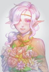 Rule 34 | 1girl, blush, circlet, closed mouth, dress, elf, flower, gensou suikoden, gensou suikoden i, gloves, highres, long hair, looking at viewer, pink eyes, pink hair, pointy ears, sakai (motomei), simple background, smile, solo, sylvina (suikoden), white gloves