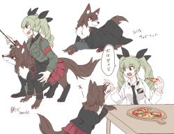 Rule 34 | 1girl, anchovy (girls und panzer), animalization, anzio military uniform, anzio school uniform, black jacket, black necktie, black ribbon, black shirt, boots, brown eyes, brown hair, commentary, dog, dress shirt, drill hair, emblem, english text, food, frown, girls und panzer, green hair, grey jacket, grey pants, grey shirt, hair ribbon, hasekura (hachinochun), highres, holding, holding food, jacket, knee boots, kuromorimine military uniform, kuromorimine school uniform, long hair, long sleeves, looking at another, looking to the side, lying, military, military uniform, necktie, nishizumi maho, on one knee, open mouth, pants, pizza, pizza slice, pushing away, red skirt, ribbon, riding crop, school uniform, shirt, simple background, sitting, skirt, standing, table, translated, twin drills, twintails, uniform, white background, white shirt, wing collar