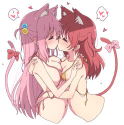 Rule 34 | 2girls, absurdres, animal ears, asymmetrical docking, bikini, bikini top only, blush, bocchi the rock!, bow, breast press, breasts, cat ears, cat girl, cat tail, closed eyes, commentary request, cube hair ornament, french kiss, gotoh hitori, green eyes, hair ornament, heart, highres, kemonomimi mode, kiss, kita ikuyo, large breasts, long hair, looking at another, mel (melty pot), multiple girls, navel, open mouth, pink bikini, pink bow, pink hair, red bow, red hair, simple background, small breasts, smile, spoken heart, swimsuit, tail, tail bow, tail ornament, white background, yellow bikini, yuri
