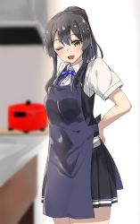 Rule 34 | 1girl, apron, black apron, black hair, black skirt, black vest, blue ribbon, blurry, blurry background, brown eyes, commentary request, cowboy shot, depth of field, dress shirt, highres, kantai collection, kitchen, long hair, looking at viewer, neck ribbon, one eye closed, oyashio (kancolle), pleated skirt, ponytail, ribbon, rice cooker, shirt, short sleeves, skirt, solo, standing, vest, wasumi kei, white shirt