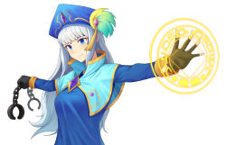 Rule 34 | 1girl, afri, black gloves, blue capelet, blue eyes, blue headwear, blue shirt, blunt bangs, capelet, character request, closed mouth, fingerless gloves, gloves, highres, long hair, long sleeves, magic circle, outstretched arms, shirt, silver hair, simple background, smile, solo, upper body, very long hair, white background