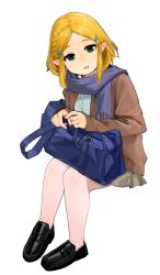 Rule 34 | alternate costume, black footwear, blonde hair, blue bag, blue scarf, braid, brown jacket, contemporary, crown braid, full body, green eyes, grey skirt, hair ornament, hairclip, highres, invisible chair, jacket, leaning forward, loafers, looking at viewer, nintendo, parted lips, pleated skirt, pointy ears, princess zelda, scarf, school uniform, shoes, short hair, sidelocks, simple background, sitting, skirt, the legend of zelda, the legend of zelda: tears of the kingdom, user pjpe4448, white background