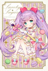 Rule 34 | 1girl, :q, blue eyes, full body, gem, gold trim, hair ornament, holding, knees together feet apart, long hair, looking at viewer, manaka laala, outside border, pearl (gemstone), pretty series, pripara, purple hair, solo, sparkle, tongue, tongue out, twintails, unmoving pattern, very long hair, wand, wasabi (sekai)