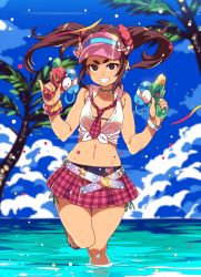 Rule 34 | 1girl, :d, bad id, bad twitter id, bikini, blue sky, blurry, blurry background, choker, day, dual wielding, floating hair, green bikini, green choker, hair ornament, hair scrunchie, hands up, highres, holding, holding water gun, looking at viewer, metem puella, miniskirt, necktie, ocean, open mouth, outdoors, palm tree, pinky out, plaid, plaid necktie, plaid neckwear, plaid skirt, pleated skirt, red necktie, red skirt, sandals, scrunchie, shirt, side-tie bikini bottom, skirt, sky, smile, solo, standing, standing on one leg, swimsuit, tasaka shinnosuke, tied shirt, tree, trigger discipline, twintails, visor cap, wading, water gun, white shirt