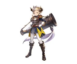 Rule 34 | 10s, 1girl, anissida, armor, blonde hair, blue eyes, boots, breastplate, cannon, detached sleeves, draph, epaulettes, full body, gloves, granblue fantasy, hand on own hip, horns, knee boots, light purple hair, looking at viewer, minaba hideo, multicolored hair, official art, pants, pointy ears, short hair, smile, solo, standing, transparent background, uniform, weapon, white gloves