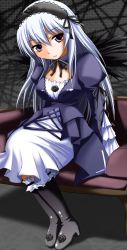 Rule 34 | 00s, 1girl, black ribbon, boots, detached collar, dress, flower, frilled sleeves, frills, gothic lolita, hairband, head tilt, lolita fashion, long hair, long sleeves, looking at viewer, red eyes, ribbon, rose, rozen maiden, silver hair, sitting, solo, suigintou, wings