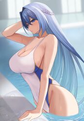 Rule 34 | 1girl, blue eyes, blue hair, braid, breasts, cleavage, commentary request, competition swimsuit, cowboy shot, goddess of victory: nikke, helm (nikke), highleg, highleg swimsuit, highres, large breasts, long hair, one-piece swimsuit, pool, poolside, solo, swimsuit, two-tone swimsuit, wabimochi