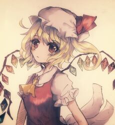 Rule 34 | 1girl, ascot, back bow, blonde hair, bow, breasts, closed mouth, collared shirt, crystal, flandre scarlet, highres, multicolored wings, muutori (yukigekilove), one side up, puffy short sleeves, puffy sleeves, red eyes, red vest, shirt, short sleeves, simple background, small breasts, solo, touhou, upper body, vest, white bow, white headwear, white shirt, wings, yellow ascot, yellow background