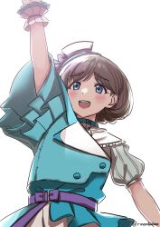 Rule 34 | 1girl, absurdres, arm up, asymmetrical clothes, belt, blue eyes, blush, commentary request, furrowed brow, grey hair, hat, highres, looking up, love live!, love live! superstar!!, mirai no oto ga kikoeru, open mouth, puffy short sleeves, puffy sleeves, purple belt, rinon42600, short hair, short sleeves, solo, tang keke, tilted headwear, twitter username, upper body, white hat