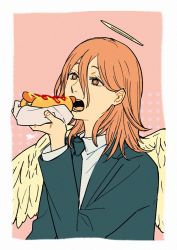 Rule 34 | angel devil (chainsaw man), angel wings, black necktie, border, chainsaw man, collared shirt, eating, feathered wings, food, halo, holding, holding food, hot dog, looking at food, necktie, ohisama33ohayo3, open mouth, orange hair, pink background, shirt, solo, white border, white shirt, white wings, wings