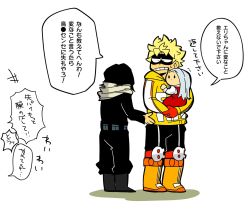 Rule 34 | 1girl, 2boys, black mask, black pants, black shirt, blonde hair, boku no hero academia, boots, carrying, child, child carry, commentary request, eraser head (boku no hero academia), eri (boku no hero academia), eye mask, fat gum (boku no hero academia), full body, gloves, grey hair, highres, jacket, knee pads, long hair, long sleeves, looking at another, monu, multiple boys, orange footwear, pants, red gloves, scarf, shirt, short hair, simple background, speech bubble, standing, translation request, white background, yellow jacket