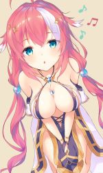 Rule 34 | 1girl, ahoge, bare shoulders, beige background, between legs, black dress, blue eyes, blush, breasts, chest jewel, chestnut mouth, cleavage, collarbone, criss-cross halter, dress, from above, hair flaps, hair ornament, halterneck, king&#039;s raid, long hair, looking at viewer, low twintails, medium breasts, multicolored hair, musical note, navel, no panties, parted lips, pelvic curtain, pink hair, shea (king&#039;s raid), side slit, sidelocks, simple background, sitting, solo, tsuzaki tsunomi, twintails, two-tone hair, very long hair, wariza, wavy hair, white dress, white hair