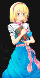 Rule 34 | 1girl, alice margatroid, belt, black background, blonde hair, blue eyes, blush, book, dress, frills, grimoire, grimoire of alice, hairband, highres, holding, holding book, jewelry, looking at viewer, nokishita kumoemon, puffy short sleeves, puffy sleeves, puppet rings, puppet strings, ring, short hair, short sleeves, simple background, smile, solo, standing, tareme, touhou