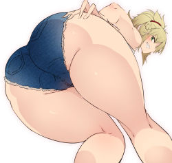 Rule 34 | 1girl, ass, blonde hair, blush, denim, denim shorts, fate/apocrypha, fate (series), from below, green eyes, grin, highres, long hair, looking at viewer, micro shorts, mordred (fate), mordred (fate/apocrypha), mordred (memories at trifas) (fate), ponytail, sekiyu (spartan), shorts, simple background, smile, solo, white background