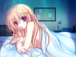 Rule 34 | 1girl, antenna hair, bed, bed sheet, bedroom, blonde hair, breasts, casual nudity, game cg, hair ornament, hairclip, highres, indoors, looking at viewer, medium breasts, meri chri, mikagami mamizu, naked sheet, nude, on bed, pov across bed, purple eyes, seiya mashiro, smile, solo, star (symbol), star hair ornament, under covers