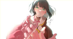 Rule 34 | 2girls, backlighting, black hair, blunt bangs, blunt ends, blush, brown dress, choker, chromatic aberration, commentary, crying, crying with eyes open, dress, earrings, female pov, floating hair, gloves, green eyes, grin, hand on own chest, happy tears, hasu no sora school uniform, highres, jewelry, link! like! love live!, long sleeves, looking at viewer, love live!, momose ginko, multiple girls, neckerchief, official alternate costume, out of frame, pink choker, pink dress, pink gloves, pink ribbon, pov, reaching, reaching towards viewer, reflection in the mirror (love live!), ribbon, ribbon choker, sailor collar, sailor dress, school uniform, short hair, signature, simple background, single earring, smile, solo focus, split theme, tears, upper body, virtual youtuber, white background, white sailor collar, winter uniform, yaa-kun, yellow neckerchief