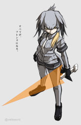 Rule 34 | 1girl, crossover, derivative work, energy sword, from above, grey background, grey hair, highres, holding, holding sword, holding weapon, i.takashi, kemono friends, leggings, mega man (series), mega man zero (series), shoebill (kemono friends), short shorts, shorts, solo, sword, translation request, v-shaped eyebrows, weapon, yellow eyes