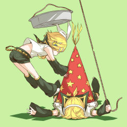 Rule 34 | 1boy, 1girl, 2013, arm warmers, basin, belt, birthday, black shorts, blonde hair, bow, brother and sister, falling, full body, fur trim, green background, hair bow, hairband, hat, headphones, highres, jumping, kagamine len, kagamine rin, leg warmers, lying, on stomach, oversized hat, party hat, ponytail, prank, rindo8 (rindo7), rope, sailor collar, shirt, short hair, short sleeves, shorts, siblings, simple background, sleeveless, sleeveless shirt, star (symbol), star print, tripping, twins, vocaloid, white bow, white shirt
