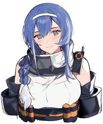 Rule 34 | 1girl, aogisa, bad id, bad pixiv id, blue hair, blush, braid, breasts, closed mouth, dp-12 (girls&#039; frontline), girls&#039; frontline, grey eyes, hairband, highres, hood, hood down, large breasts, long hair, looking at viewer, radio, simple background, smile, solo, sweater, white background, white sweater