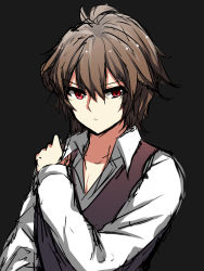 Rule 34 | 1boy, absurdres, ahoge, brown hair, fate/apocrypha, fate (series), hands on shoulder, highres, long sleeves, looking at viewer, male focus, red eyes, shirt, short hair, sieg (fate), solo, waistcoat, white shirt, zzb