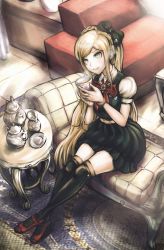 Rule 34 | 1girl, belt, blonde hair, blue eyes, bow, braid, brooch, cup, danganronpa (series), danganronpa 2: goodbye despair, dress, graphite (medium), hair bow, highres, holding, holding cup, jewelry, long hair, official style, puffy short sleeves, puffy sleeves, short sleeves, sitting, skirt, solo, sonia nevermind, teapot, thighhighs, traditional media, two-handed