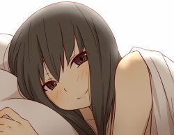 Rule 34 | 1girl, bad id, bad pixiv id, bare shoulders, black eyes, black hair, blush, brown eyes, brown hair, collarbone, commentary request, incest, kiiroi tamago, lips, looking at viewer, lying, on bed, on side, original, pillow, pov across bed, smile, solo, under covers