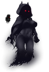 Rule 34 | 1girl, black capelet, black skin, breasts, capelet, colored skin, darkness, full body, highres, hood, hooded capelet, large breasts, navel, nude, nyong nyong, personification, red eyes, reference inset, simple background, solo, terraria, torn capelet, torn clothes, white background, wraith (terraria)