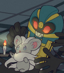 Rule 34 | blue eyes, blush, candle, cinccino, cofagrigus, coffin, colored sclera, creatures (company), extra arms, fire, full body, game freak, gen 5 pokemon, ghost, glowing, glowing eyes, grin, light blush, looking at another, nintendo, no humans, open mouth, pokemon, pokemon (creature), red eyes, red sclera, sharp teeth, shiwo (siwosi), smile, standing, teeth