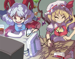 Rule 34 | aqua background, ascot, blonde hair, blue dress, blue vest, clenched teeth, collared shirt, crt, crystal, curly hair, detached sleeves, dragon ball, dragonball z, dress, earrings, flandre scarlet, frilled shirt collar, frilled sleeves, frills, hat, hitting, horizontal pupils, horn ornament, horn ribbon, horns, jewelry, meandros, medium hair, mob cap, one side up, parody, patterned clothing, playing games, pointy ears, puffy short sleeves, puffy sleeves, rectangular pupils, red eyes, red horns, red skirt, red sleeves, red vest, ribbon, sharp teeth, sheep horns, shirt, short hair, short sleeves, skirt, smile, spill, syope, table, teeth, television, touhou, toutetsu yuuma, vest, white hair, white headwear, white shirt, wings, wrist cuffs, yellow ascot