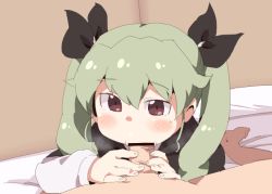 Rule 34 | 1boy, 1girl, anchovy (girls und panzer), blush, censored, clothed female nude male, dokan (dkn), fellatio, girls und panzer, hetero, nude, oral, penis, pov, twintails