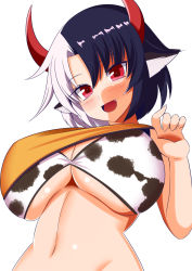 Rule 34 | 1girl, animal ears, animal print, breasts, cow ears, cow girl, cow horns, cow print, gero zoukin, highres, horns, huge breasts, multicolored hair, red horns, short hair, solo, split-color hair, tank top, touhou, two-tone hair, ushizaki urumi, yellow tank top