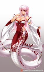Rule 34 | 1girl, bare shoulders, breasts, cleavage, covered navel, detached collar, detached sleeves, facial mark, floral print, gradient background, grey background, hair between eyes, hair ornament, highres, hip vent, japanese clothes, lamia, large breasts, light smile, long hair, looking at viewer, midnight (banyex), miko, monster girl, monster girl encyclopedia, nontraditional miko, patreon username, pink eyes, pointy ears, red eyes, red ribbon, ribbon, scales, shirohebi (monster girl encyclopedia), simple background, solo, tail, tail ornament, tail ribbon, very long hair, wide sleeves