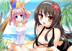 Rule 34 | 2girls, armpits, arms up, ball, beach, beachball, bikini, black hair, blue eyes, blush, bow, breasts, brown eyes, cleavage, crossed arms, flower, hair bow, hair flower, hair ornament, hair up, hairband, kurot, large breasts, long hair, looking at viewer, multiple girls, one-piece swimsuit, open mouth, original, pink hair, sand, smile, swimsuit