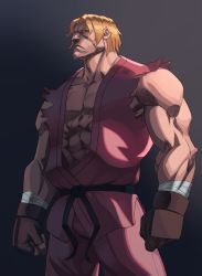 Rule 34 | 1boy, abs, absurdres, belt, biceps, black belt, blonde hair, capcom, clenched hands, collarbone, dougi, fingerless gloves, gloves, highres, ken masters, looking to the side, male focus, muscular, muscular male, parted bangs, pectorals, serious, short hair, skedoodly, sleeveless, street fighter