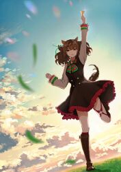 Rule 34 | 1girl, absurdres, animal ears, arm up, black dress, blurry, blurry foreground, boots, bow, bowtie, brown eyes, brown footwear, brown hair, buttons, closed mouth, cloud, dress, ear covers, falling leaves, field, frilled dress, frills, full body, grass, green bow, green bowtie, heel up, highres, himmel gewalt, holding, holding trophy, horizon, horse ears, horse girl, horse tail, leaf, long sleeves, looking at viewer, medium hair, nice nature (umamusume), o-ring, outdoors, red bow, red bowtie, shirt, sky, smile, standing, standing on one leg, sunlight, sunset, tail, tail raised, trophy, twintails, two-tone bowtie, umamusume, white shirt
