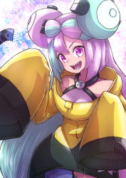 1girl :d character_hair_ornament commentary_request creatures_(company) game_freak green_hair hair_ornament hands_up highres iono_(pokemon) jacket kotobukkii_(yt_lvlv) long_hair long_sleeves multicolored_hair nintendo open_mouth pokemon pokemon_sv purple_eyes purple_hair sharp_teeth shirt sleeveless sleeveless_shirt sleeves_past_fingers sleeves_past_wrists smile solo teeth tongue two-tone_hair yellow_jacket