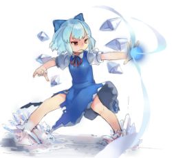 Rule 34 | 1girl, blue hair, bow, cirno, dress, female focus, frown, hair bow, ice, orange eyes, s.o chin, short hair, solo, torn clothes, touhou, white background, wings