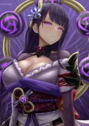 Rule 34 | 1girl, archstreal, breasts, cleavage, closed mouth, flower, genshin impact, hair flower, hair ornament, highres, japanese clothes, kimono, large breasts, lips, long hair, long sleeves, looking at viewer, mitsudomoe (shape), mole, mole under eye, purple background, purple eyes, purple hair, purple kimono, raiden shogun, solo, tomoe (symbol), upper body, vision (genshin impact)