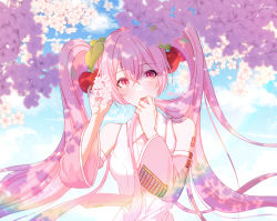 Rule 34 | 1girl, :o, arm up, artist name, blush, cherry blossoms, cherry hair ornament, collared shirt, detached sleeves, floating hair, flower, food-themed hair ornament, hair ornament, hand to own mouth, hatsune miku, highres, holding, holding flower, holding own hair, light rays, long hair, long sleeves, looking to the side, necktie, open mouth, pink eyes, rainbow, ryuha0428, sakura miku, shirt, sky, sleeveless, sleeveless shirt, solo, twintails, very long hair, vocaloid, wide sleeves