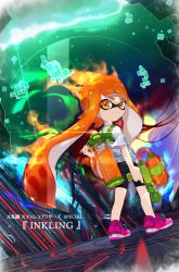 Rule 34 | 1girl, amatya, aura, bike shorts, black shorts, blunt bangs, character name, closed mouth, commentary, copyright name, dutch angle, english text, from behind, holding, holding weapon, ink tank (splatoon), inkling, inkling girl, inkling player character, long hair, looking at viewer, looking back, nintendo, orange hair, pointy ears, purple footwear, shoes, shorts, single vertical stripe, smile, sneakers, solo, splat bomb (splatoon), splatoon (series), splatoon 1, splattershot (splatoon), standing, super smash bros., tentacle hair, translated, weapon