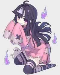 Rule 34 | 1girl, :3, black hair, blue fire, blue thighhighs, blunt bangs, blush, closed mouth, commentary request, dress, fire, full body, ghost, grey background, hands up, highres, ketopon, kneeling, long hair, long sleeves, looking at viewer, no shoes, original, pink dress, purple eyes, short dress, simple background, sleeves past fingers, sleeves past wrists, solo, striped clothes, striped thighhighs, thighhighs, triangular headpiece, zettai ryouiki