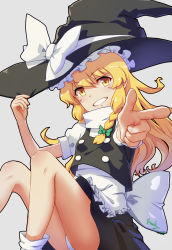 Rule 34 | 1girl, apron, blonde hair, bow, braid, commentary request, foreshortening, frilled apron, frills, green bow, grin, hair bow, hat, hat bow, highres, kirisame marisa, kiroly, long hair, looking at viewer, panties, pantyshot, pointing, pointing at viewer, puffy short sleeves, puffy sleeves, short sleeves, side braid, sitting, smile, solo, thighs, touhou, underwear, white apron, white bow, white panties, witch hat, yellow eyes