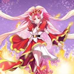 Rule 34 | 1girl, akagi towa, bino0912, boots, bracelet, choker, cure scarlet, detached sleeves, dress, earrings, fire, go! princess precure, hair ornament, jewelry, long hair, looking at viewer, magical girl, pink hair, precure, quad tails, red eyes, smile, solo, sparkle, very long hair