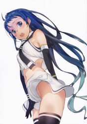 Rule 34 | 1girl, absurdres, ahoge, arm behind back, between legs, black thighhighs, blouse, blue eyes, blue hair, blush, branch (blackrabbits), covering crotch, covering privates, elbow gloves, embarrassed, gloves, gradient hair, hand between legs, highres, kantai collection, long hair, looking at viewer, looking down, multicolored hair, no panties, open mouth, sailor collar, samidare (kancolle), scan, school uniform, serafuku, shirt, skirt, skirt tug, sleeveless, sleeveless shirt, solo, standing, swept bangs, thighhighs, upskirt, very long hair, white serafuku, white shirt