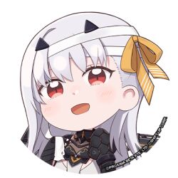 Rule 34 | 1girl, armor, bandaged head, bandages, bodystocking, chibi, goddess of victory: nikke, grey hair, hair ornament, hair ribbon, long hair, looking at viewer, lowres, modernia (nikke), official art, open mouth, red eyes, ribbon, round image, shoulder armor, slit pupils, smile, solo, striped ribbon, totatokeke, upper body, yellow ribbon