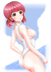 Rule 34 | 1girl, ass, bare arms, breasts, competition swimsuit, cowboy shot, dutch angle, from side, long hair, looking at viewer, looking back, mashinatsu, medium breasts, one-piece swimsuit, one-piece thong, original, parted lips, red eyes, red hair, reiji-sss, sideboob, solo, swimsuit, thong
