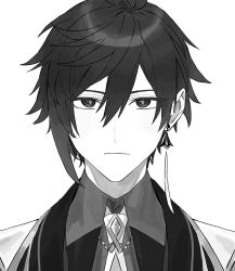 Rule 34 | 1boy, closed mouth, coat, commentary request, earrings, expressionless, genshin impact, greyscale, hair between eyes, highres, jewelry, looking at viewer, male focus, monochrome, necktie, poi poifu, portrait, simple background, single earring, solo, tassel, tassel earrings, zhongli (genshin impact)