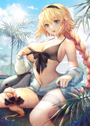 Rule 34 | 1girl, absurdres, bare shoulders, bikini, black bikini, blonde hair, blue eyes, blue jacket, blue sky, blush, braid, braided ponytail, breasts, cleavage, collarbone, day, dolphin, fate/grand order, fate (series), hairband, hayanpool, highres, hood, hooded jacket, jacket, jeanne d&#039;arc (fate), jeanne d&#039;arc (swimsuit archer) (fate), jeanne d&#039;arc (swimsuit archer) (first ascension) (fate), large breasts, long hair, long sleeves, looking at viewer, navel, off shoulder, open mouth, palm tree, sky, solo, swimsuit, thighs, tree, very long hair, wet